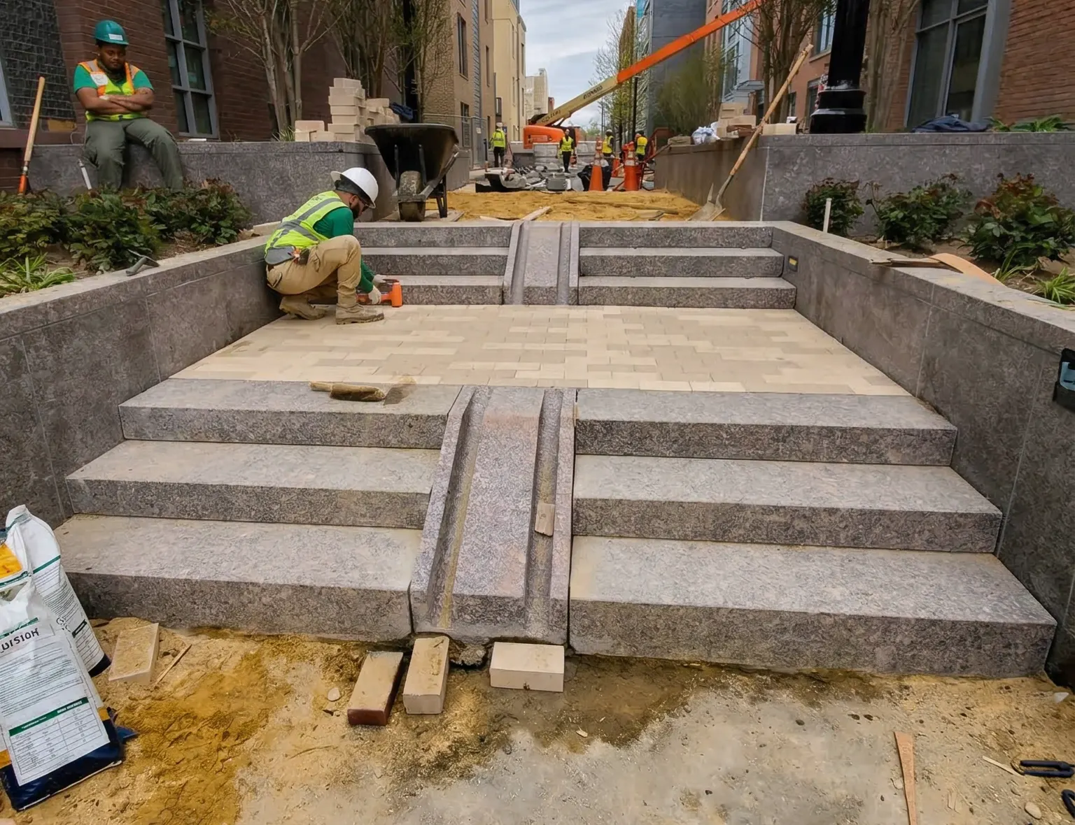Cuadrilla de Keystone construyendo escalones de granito y colocando adoquines en el acceso de una plaza