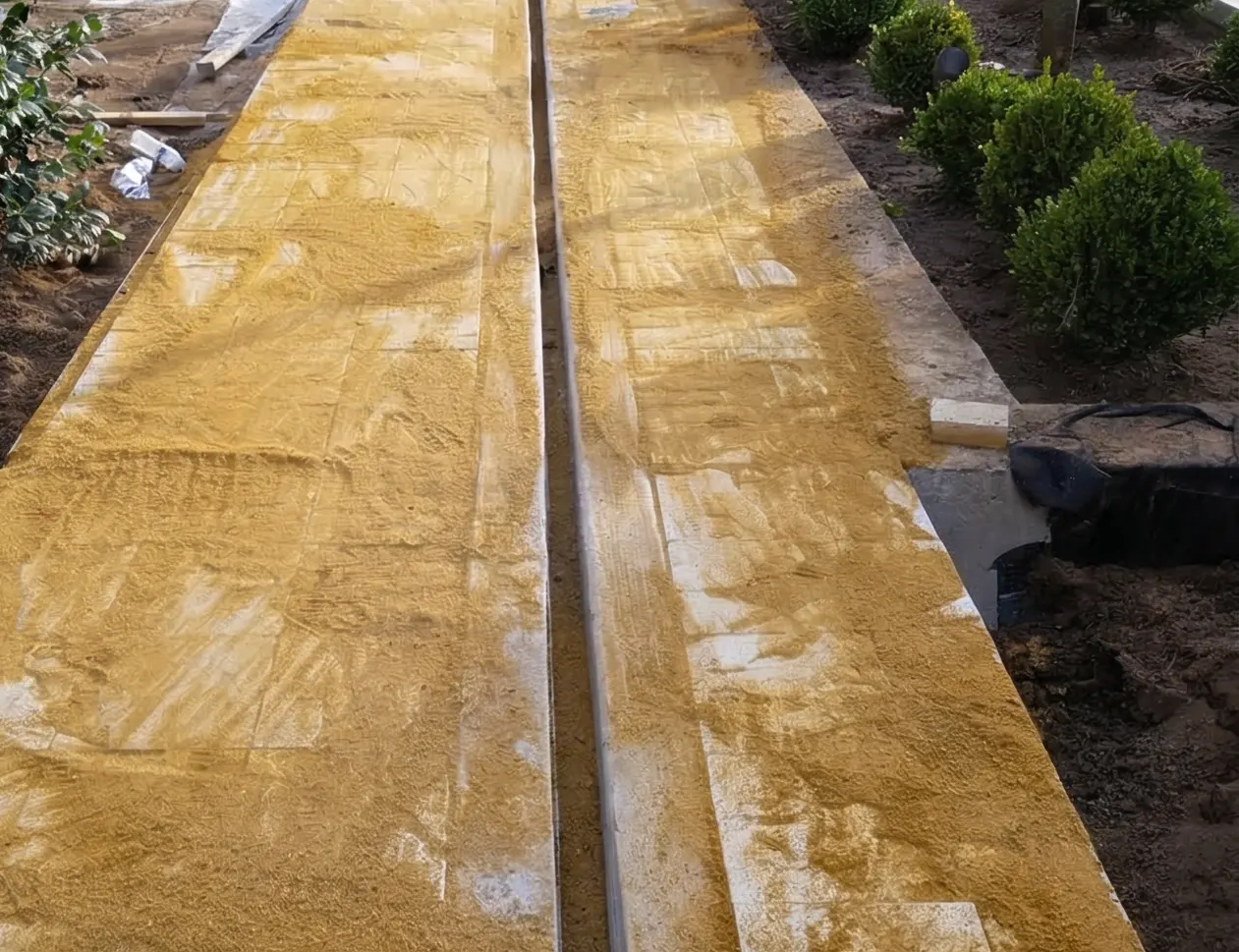 Base de andador con línea guía al centro y camas de plantación recién sembradas antes de construir