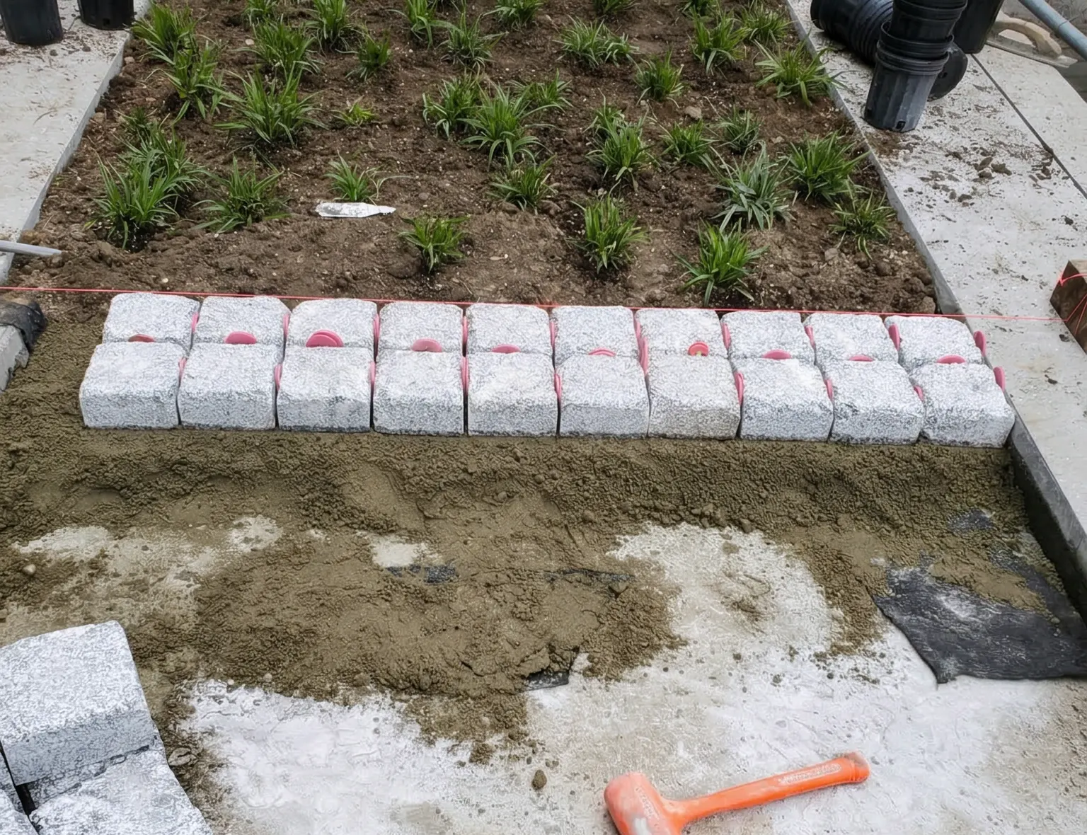 Camas de plantación con perennes jóvenes y una hilera de adoquines de granito en colocación