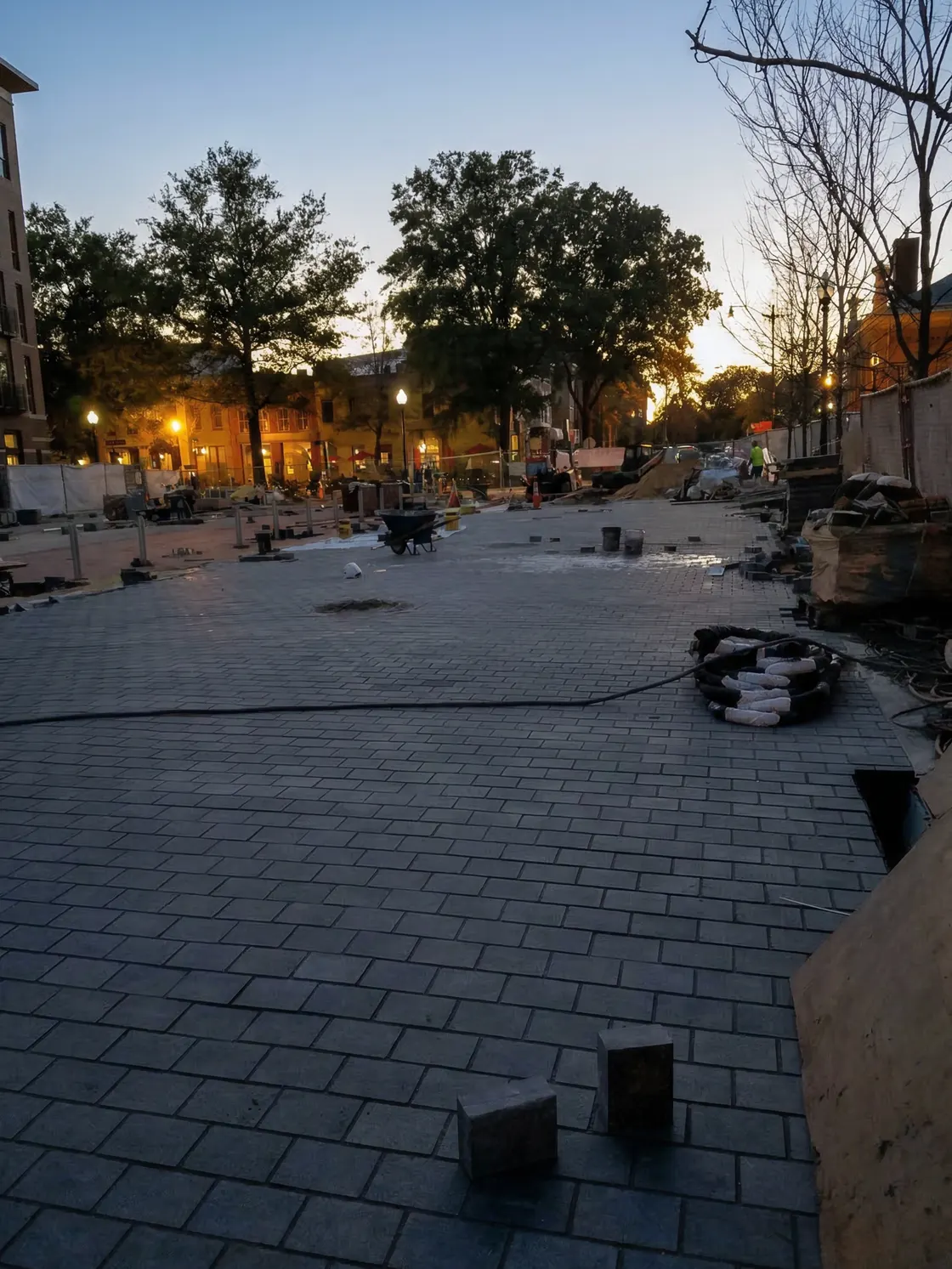 Plaza al crep&uacute;sculo con &aacute;rboles j&oacute;venes y luces c&aacute;lidas, construida por Keystone en Georgia