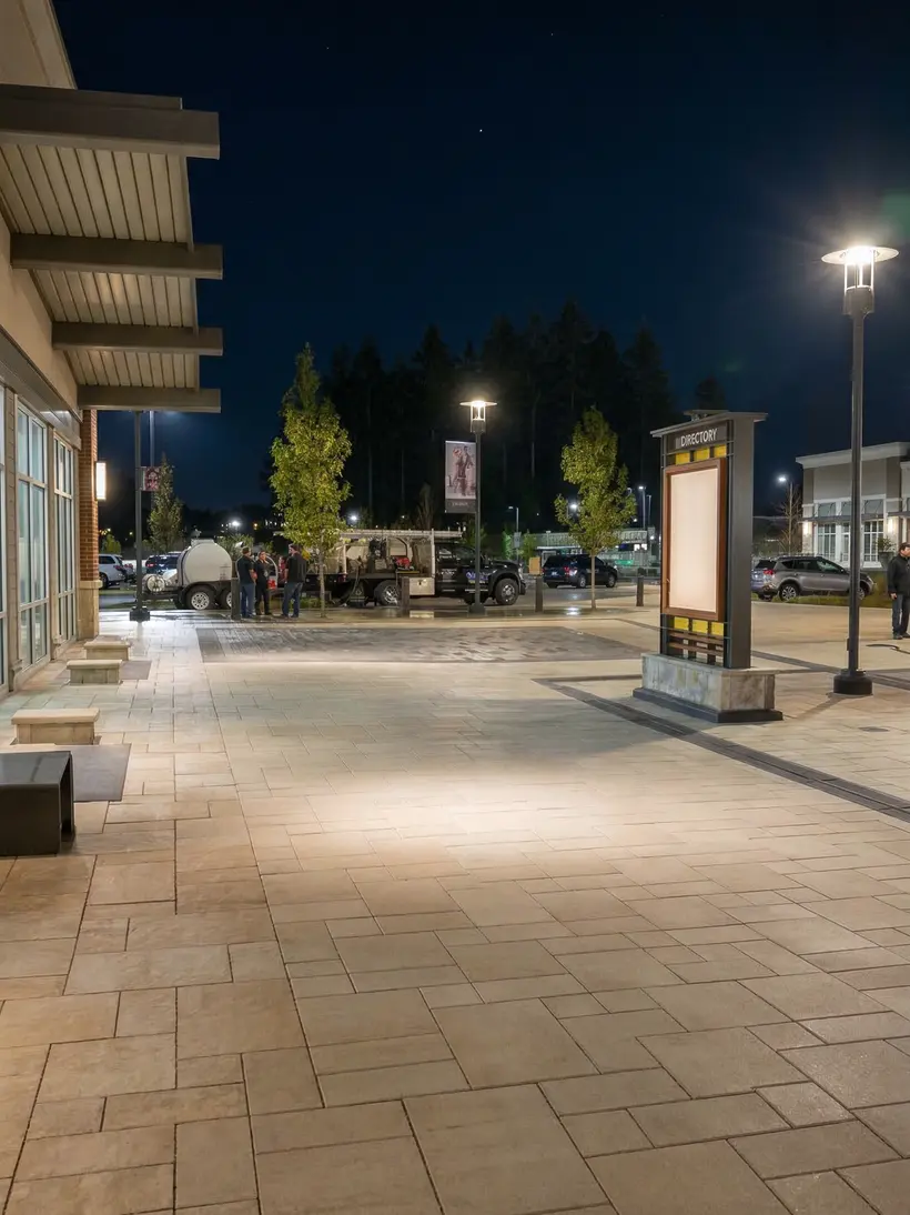 Plaza nocturna amplia con tótems