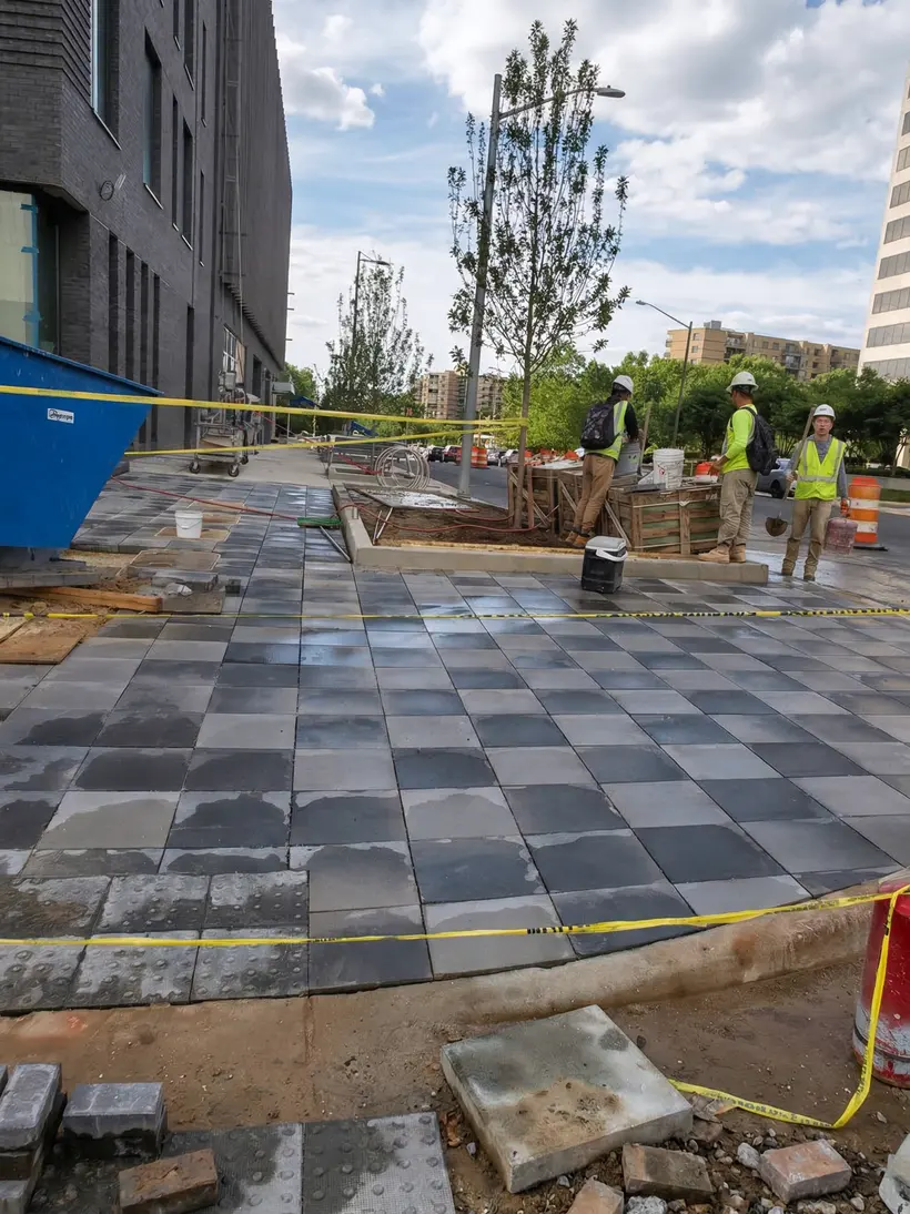 Cuadrilla plantando pinos en plaza