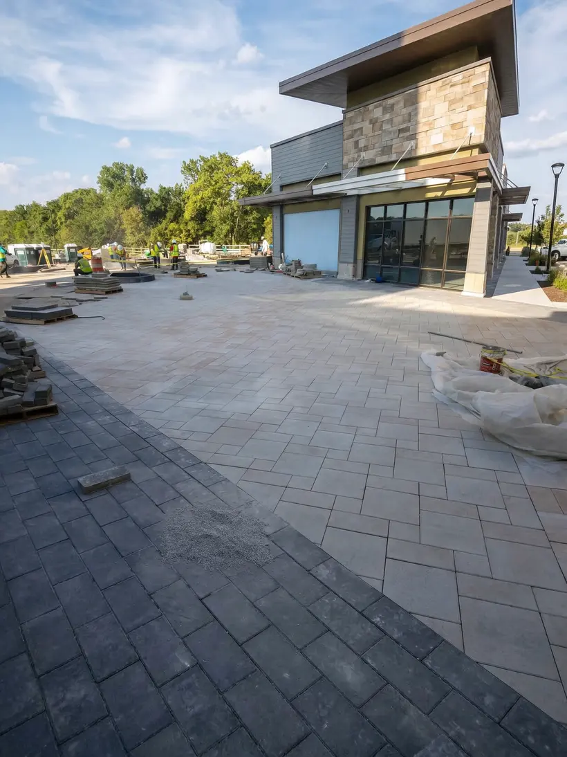 Pabellón moderno con plaza recién pavimentada