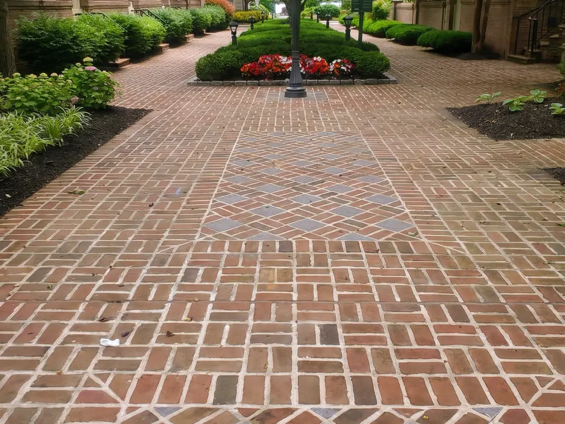 Patio de ladrillo con camas de flores y un farol de jardín construido por Keystone